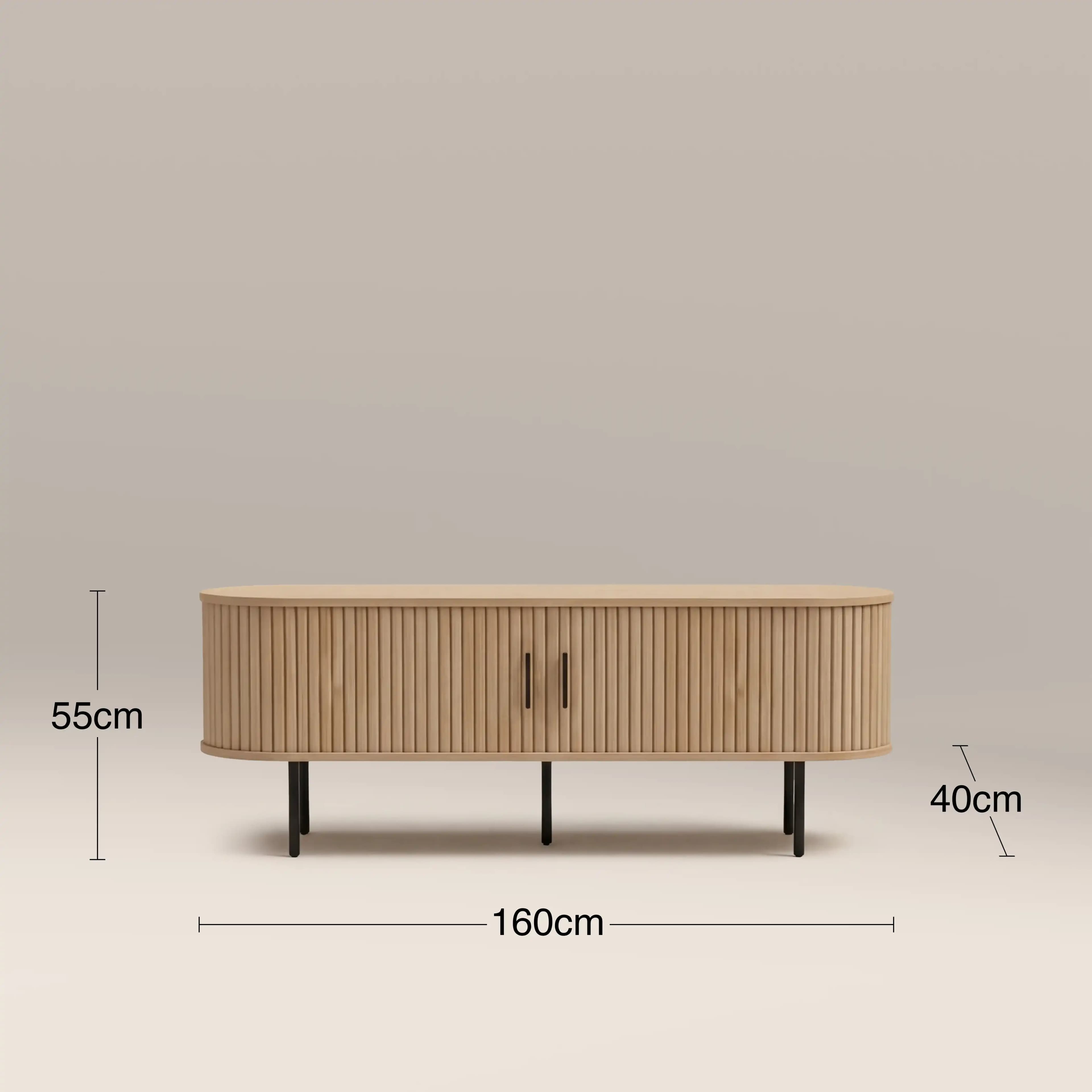 A modern low-profile media console or sideboard cabinet, featuring a natural light wood finish with a distinctive reeded facade, dark metal handles, and slender black metal legs. It has a rounded rectangular form and measures 160cm wide, 55cm high, and 40cm deep. — 3D model