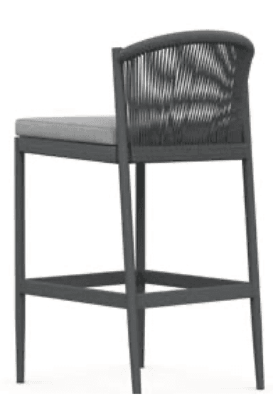 A modern outdoor bar stool featuring a dark gray aluminum frame, a backrest with vertical woven rope detailing, and a light gray upholstered seat cushion with an integrated footrest. — 3D model