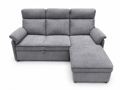 A contemporary gray upholstered sectional sofa featuring a chaise lounge extension with integrated storage. The sofa boasts plush, segmented back cushions, rolled armrests, and practical storage pockets on the side of the armrest. Its design suggests a focus on comfort and functionality. — 3D model
