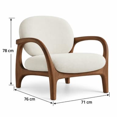 An Organic Modern style lounge chair featuring a gracefully curved solid walnut wood frame and plush, rounded cushions upholstered in off-white bouclé fabric. The wooden frame forms integrated armrests and sturdy legs, emphasizing fluid lines and natural materials. — 3D model