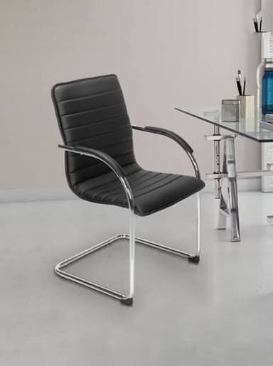 A modern sled-base office guest chair featuring black ribbed upholstery and a polished chrome-plated metal frame. The seat and backrest are padded with horizontal channel tufting, and the arms are integrated into the frame with black padded armrests. — 3D model