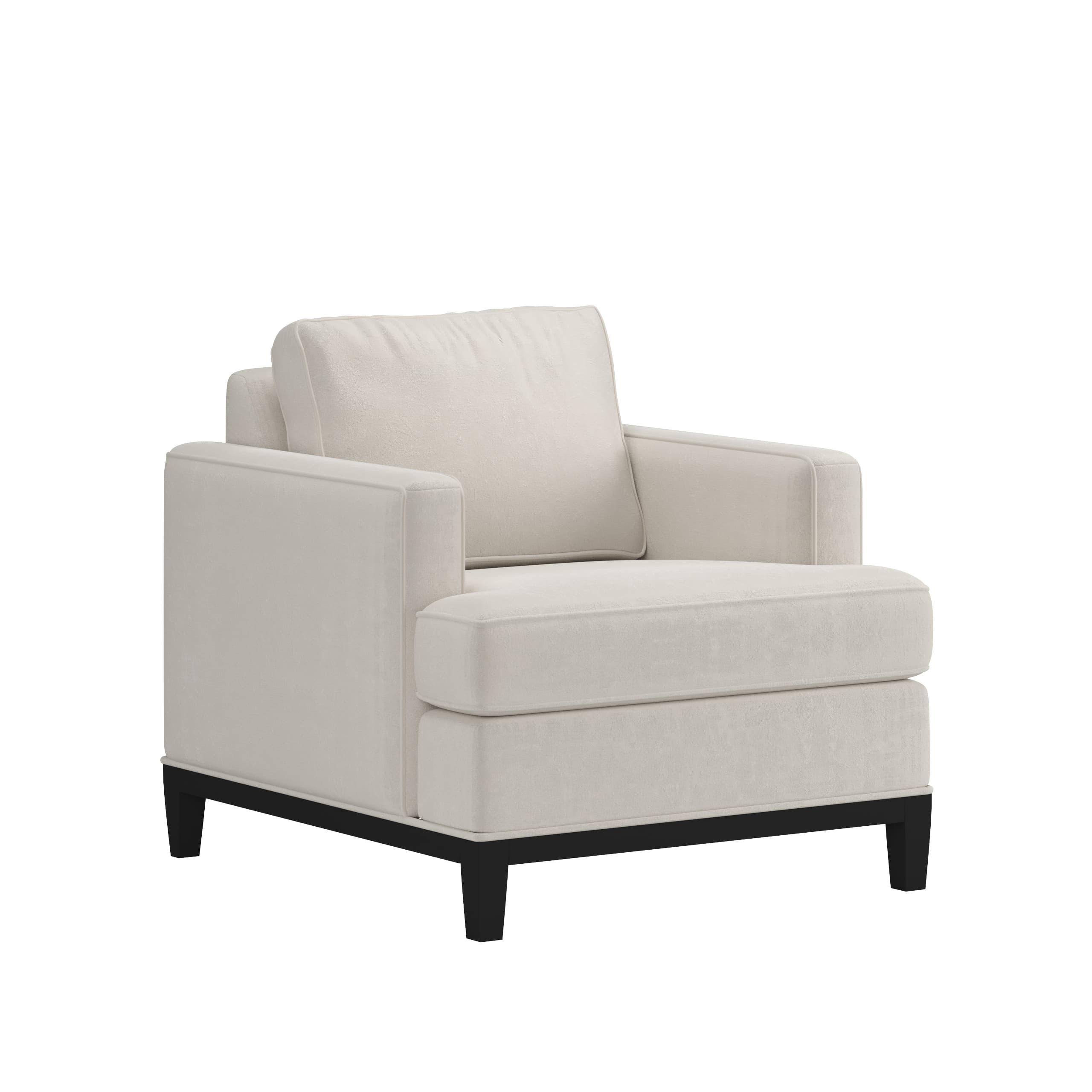 A contemporary armchair featuring light beige fabric upholstery, clean lines, and a minimalist design. It has wide, squared-off track arms, a loose seat cushion, and a loose back cushion, all with piped edges. The chair is supported by short, dark-colored tapered block feet. — 3D model