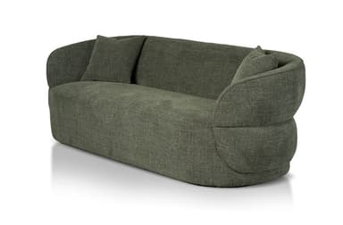 A sofa with a plush, rounded design and integrated armrests. The sofa features a deep seat and a high back, upholstered in a textured, dark green fabric. Two matching throw pillows are placed on the sofa. The base of the sofa is low-profile and appears to be integrated into the overall rounded form. — 3D model