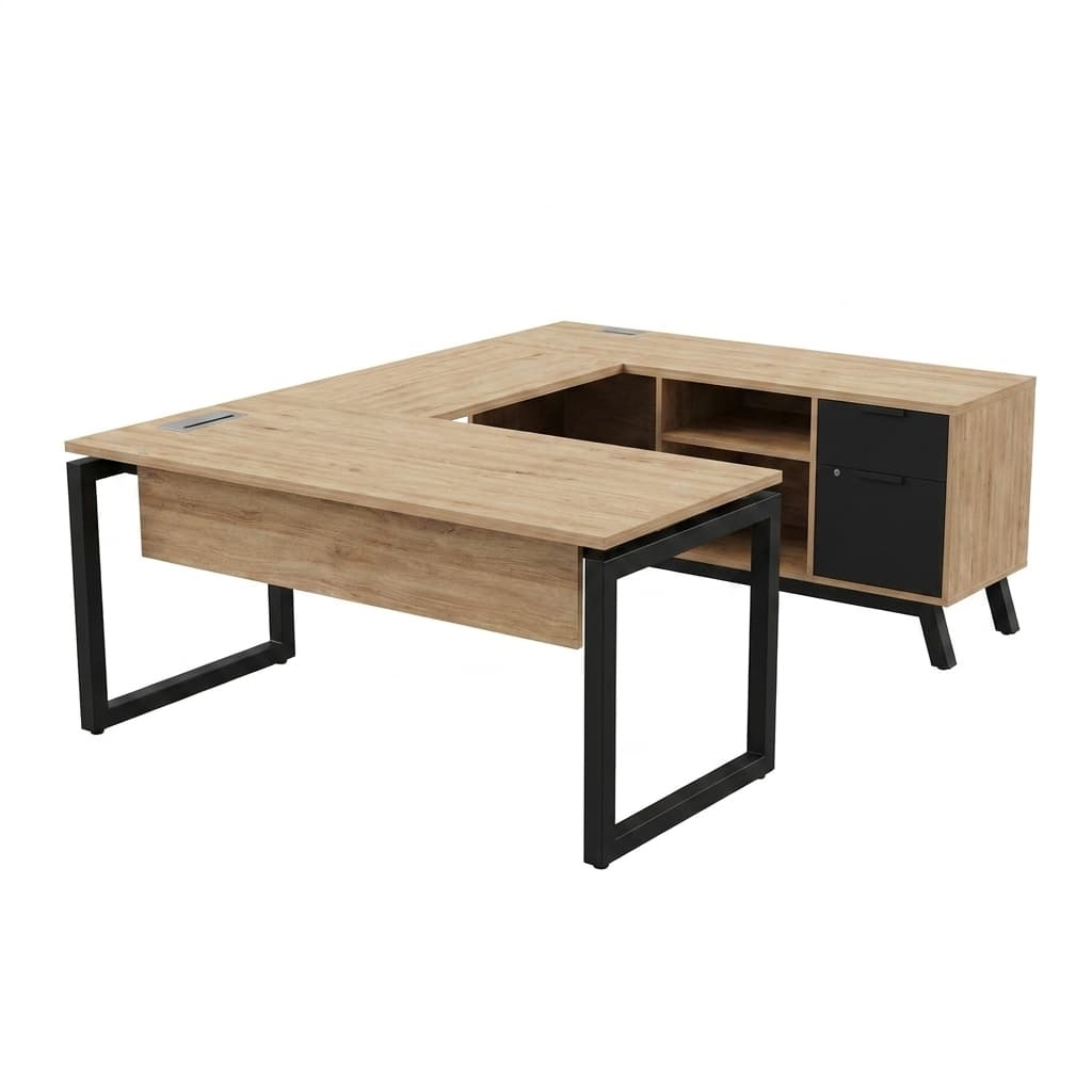 A U-shaped executive office desk constructed with a light wood-look laminate desktop and supported by black rectangular metal frame legs. It features an integrated storage credenza unit with open shelving and two black-fronted drawers, one of which appears to be a file drawer. Two silver-finished cable management grommets are visible on the desk surface. — 3D model