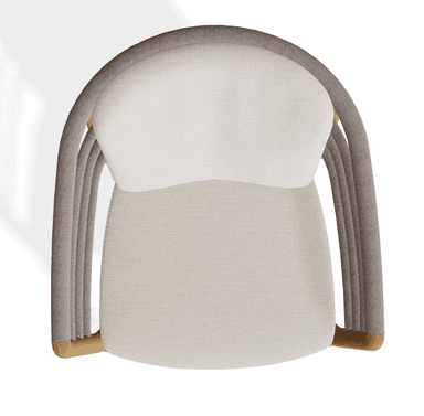 A contemporary armchair featuring a light-toned wooden frame, a padded seat cushion, and a separate back cushion, both upholstered in a light, off-white fabric. The back of the chair incorporates several horizontal gray rope or strap elements, providing a unique design detail. The armrests are integrated into the wooden frame, which shows a natural grain and a smooth finish. The chair stands on four straight, tapered wooden legs. — 3D model