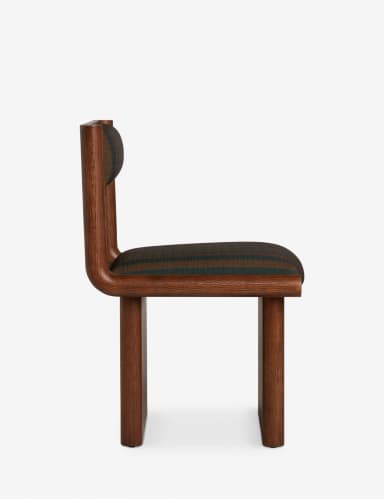 A contemporary or mid-century style armchair featuring a substantial solid wood frame with a dark brown finish and prominent grain. The chair has a box-like base and back structure, with integrated, smoothly rounded armrests. The seat and separate backrest cushion are upholstered in a fabric with distinct vertical stripes in contrasting brown and dark green. — 3D model