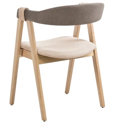 A contemporary armchair featuring a light-toned wooden frame and dual-tone fabric upholstery. The seat is a lighter beige, while the curved backrest is a slightly darker brown-grey. The backrest integrates with the frame, featuring a distinctive wrapped detail where the frame meets the backrest/armrest structure. The chair stands on four simple, slightly tapered wooden legs. — 3D model