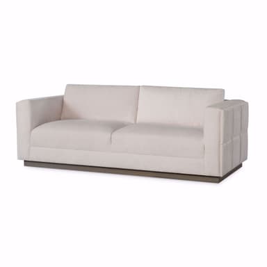 A light-colored sofa with a low profile base. The sofa features two seat cushions and two back cushions, with straight arms. The right arm has a segmented, padded design. — 3D model