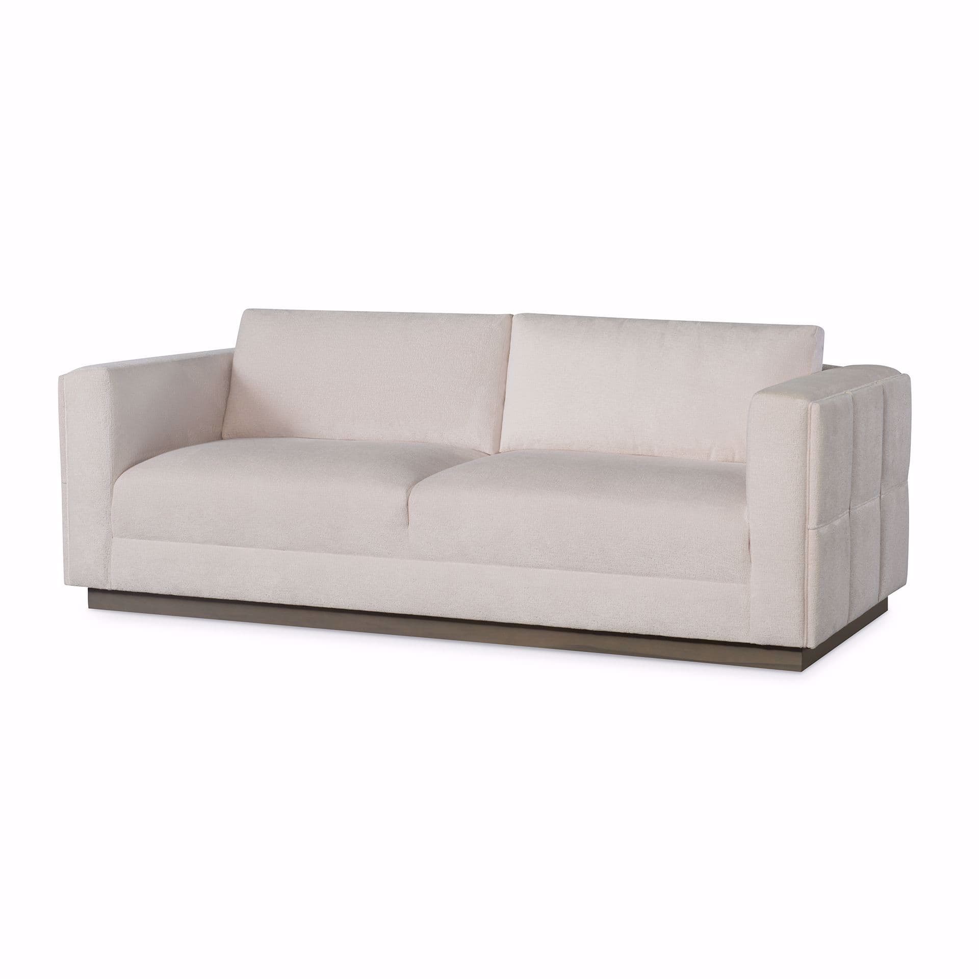 A light-colored sofa with a low profile base. The sofa features two seat cushions and two back cushions, with straight arms. The right arm has a segmented, padded design. — 3D model