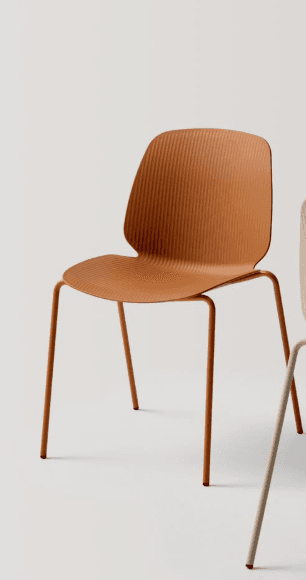 A modern armless chair featuring a single-piece molded seat and back with a fine vertical ribbed texture, supported by a matching slender metal frame, all in a burnt orange finish. — 3D model