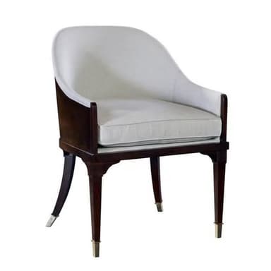 An elegant barrel-back armchair featuring a dark polished wood frame and light-colored textured upholstery. The chair has a curved back and integrated armrests, providing a cohesive and supportive form. The seat and back are upholstered with removable cushions, detailed with piping. The four tapered legs are made of dark wood, with the front two legs adorned with cylindrical brass sabots and the rear legs featuring curved brass accents. — 3D model