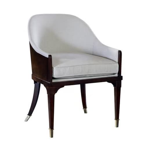 An elegant barrel-back armchair featuring a dark polished wood frame and light-colored textured upholstery. The chair has a curved back and integrated armrests, providing a cohesive and supportive form. The seat and back are upholstered with removable cushions, detailed with piping. The four tapered legs are made of dark wood, with the front two legs adorned with cylindrical brass sabots and the rear legs featuring curved brass accents. — 3D model
