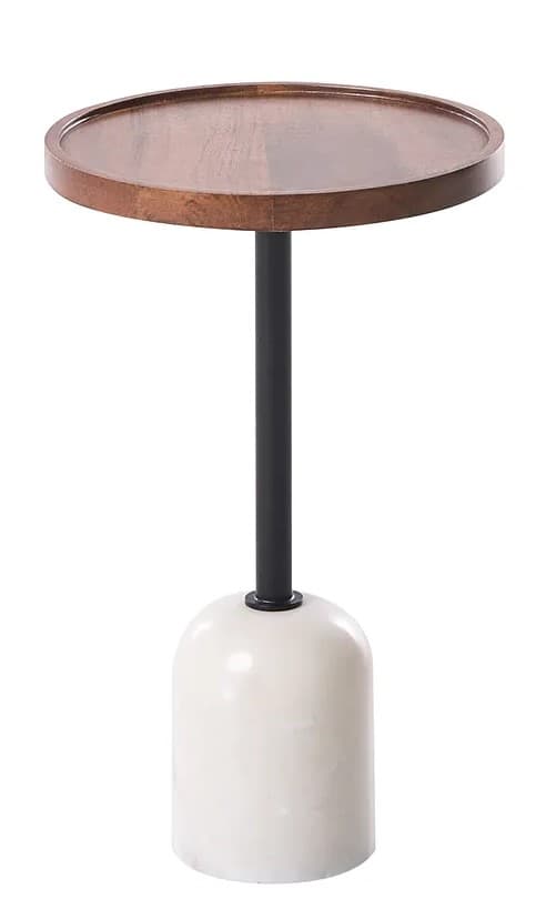 A small, round accent table featuring a dark wood tray top, a slender black metal post, and a heavy, white marble bell-shaped base. The design is contemporary and minimalist. — 3D model