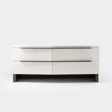 A sleek, modern credenza featuring a two-tone finish. It comprises two drawers with contemporary bar pulls, and an enclosed cabinet section. The top surface and drawer fronts are a light, possibly lacquered, finish, while the side panel and base are a contrasting dark wood or wood veneer. The design emphasizes clean lines and a minimalist aesthetic. — 3D model