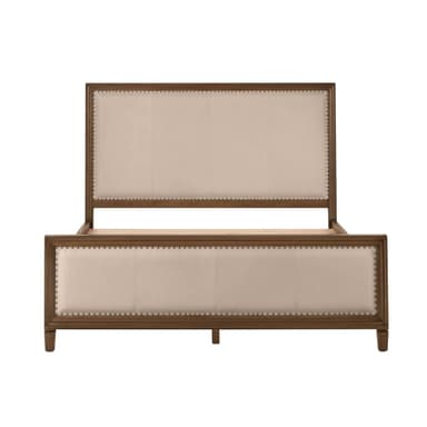 A transitional style bed frame featuring a wooden structure with upholstered panels on both the headboard and footboard. The upholstery is a light, neutral fabric, bordered by decorative nailhead trim. The frame has a warm brown finish, and the headboard is slightly taller than the footboard. It includes support slats for a mattress. — 3D model