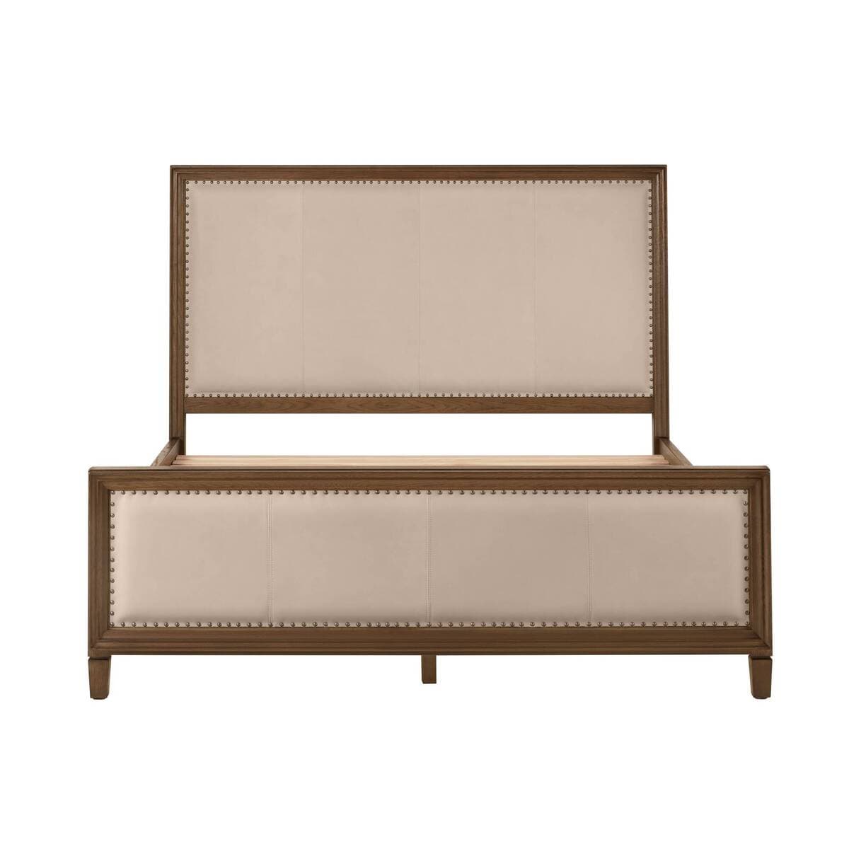 A transitional style bed frame featuring a wooden structure with upholstered panels on both the headboard and footboard. The upholstery is a light, neutral fabric, bordered by decorative nailhead trim. The frame has a warm brown finish, and the headboard is slightly taller than the footboard. It includes support slats for a mattress. — 3D model