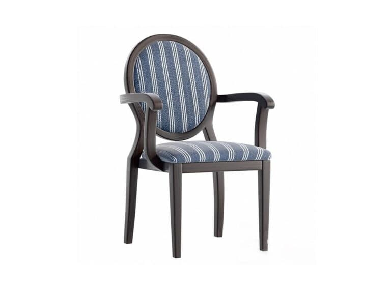 A traditional style armchair featuring a dark brown wooden frame, an oval upholstered back, and a rectangular upholstered seat. The upholstery is a blue and white striped fabric. The chair has curved wooden armrests and four tapered legs. — 3D model