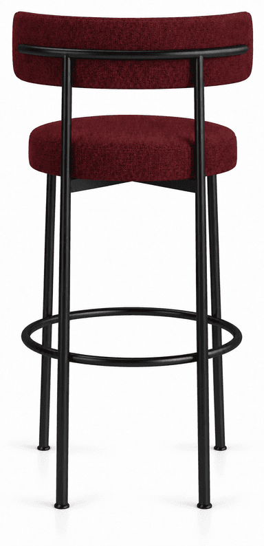 A contemporary bar stool featuring a black tubular metal frame, a circular upholstered seat, and a low, curved upholstered backrest. The upholstery is a rich, textured dark red fabric. — 3D model