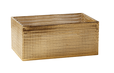 A rectangular storage basket crafted from perforated metal, featuring a radiant gold finish. Its design is characterized by a grid of small, square perforations across all visible surfaces. — 3D model