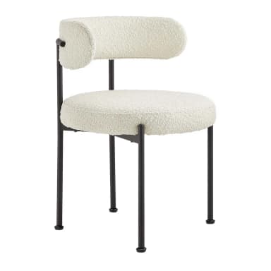 A modern armless chair featuring a rounded, padded seat and a cylindrical, horizontal backrest, both upholstered in a cream-colored boucle fabric. It rests on four slender, black metal legs. — 3D model