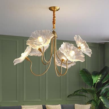 A ceiling-mounted lighting fixture featuring a brass-finished frame and five light sources. Each light is enveloped by a clear, textured glass shade, sculpted to resemble a flower with scalloped petals. The arms of the chandelier are elegantly curved, extending from a central support connected to a ceiling canopy by a short, fabric-wrapped suspension. — 3D model