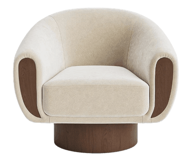 A contemporary upholstered swivel accent chair featuring a rounded, enveloping form with integrated armrests. It is upholstered in a light beige fabric and incorporates visible curved wood panels on the exterior of the lower armrests. The chair rests on a cylindrical wooden base. — 3D model