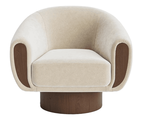 A contemporary upholstered swivel accent chair featuring a rounded, enveloping form with integrated armrests. It is upholstered in a light beige fabric and incorporates visible curved wood panels on the exterior of the lower armrests. The chair rests on a cylindrical wooden base. — 3D model
