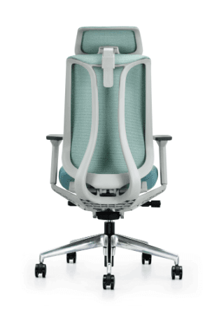 A modern ergonomic office chair with a high back, integrated headrest, and padded seat. It features adjustable armrests, a wheeled base for mobility, and a tilt mechanism. The seat and backrest are upholstered in a textured mesh fabric, and the seat cushion is made of a denser upholstered material. — 3D model