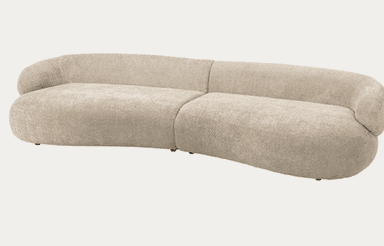 A contemporary organic-shaped two-seater sofa upholstered in light beige textured fabric, featuring a flowing, curved design with integrated back and armrests, segmented in the middle. — 3D model