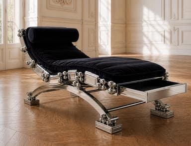 A luxurious and modern chaise lounge featuring a highly polished chrome or silver-toned metal frame with a black velvet upholstered body. The frame is intricately designed with decorative spherical accents and a sculptural, curvilinear base. The seating surface is tufted, and there is an integrated cylindrical headrest. The overall aesthetic is one of modern glamor and opulence. — 3D model