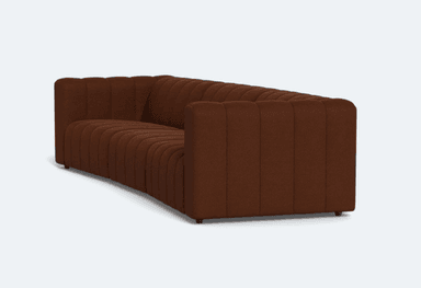 A three-seater sofa upholstered in a textured brown fabric. The sofa features a channel-tufted design on the back cushions and seat, creating vertical pleats across its surface. It has a low-profile frame with subtly rounded corners and short, dark legs. The overall aesthetic is modern and inviting. — 3D model