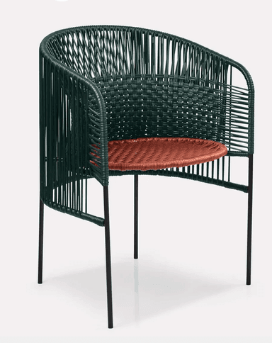 A modern armchair featuring a dark green woven cord back and armrests, paired with a contrasting reddish-brown woven seat, all supported by slender black metal legs. The design is contemporary and appears suitable for both indoor and outdoor settings. — 3D model