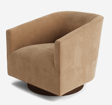 An upholstered barrel-shaped armchair with integrated arms and a swivel base, rendered in a light beige or camel-colored velvet-like fabric. — 3D model