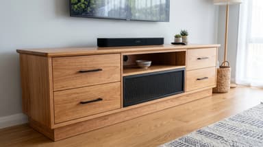 A long, low wooden cabinet featuring multiple storage options. It includes four drawers with black bar handles, an open central shelf, and two central cabinet doors with a black mesh-like front, all resting on a recessed plinth base. — 3D model