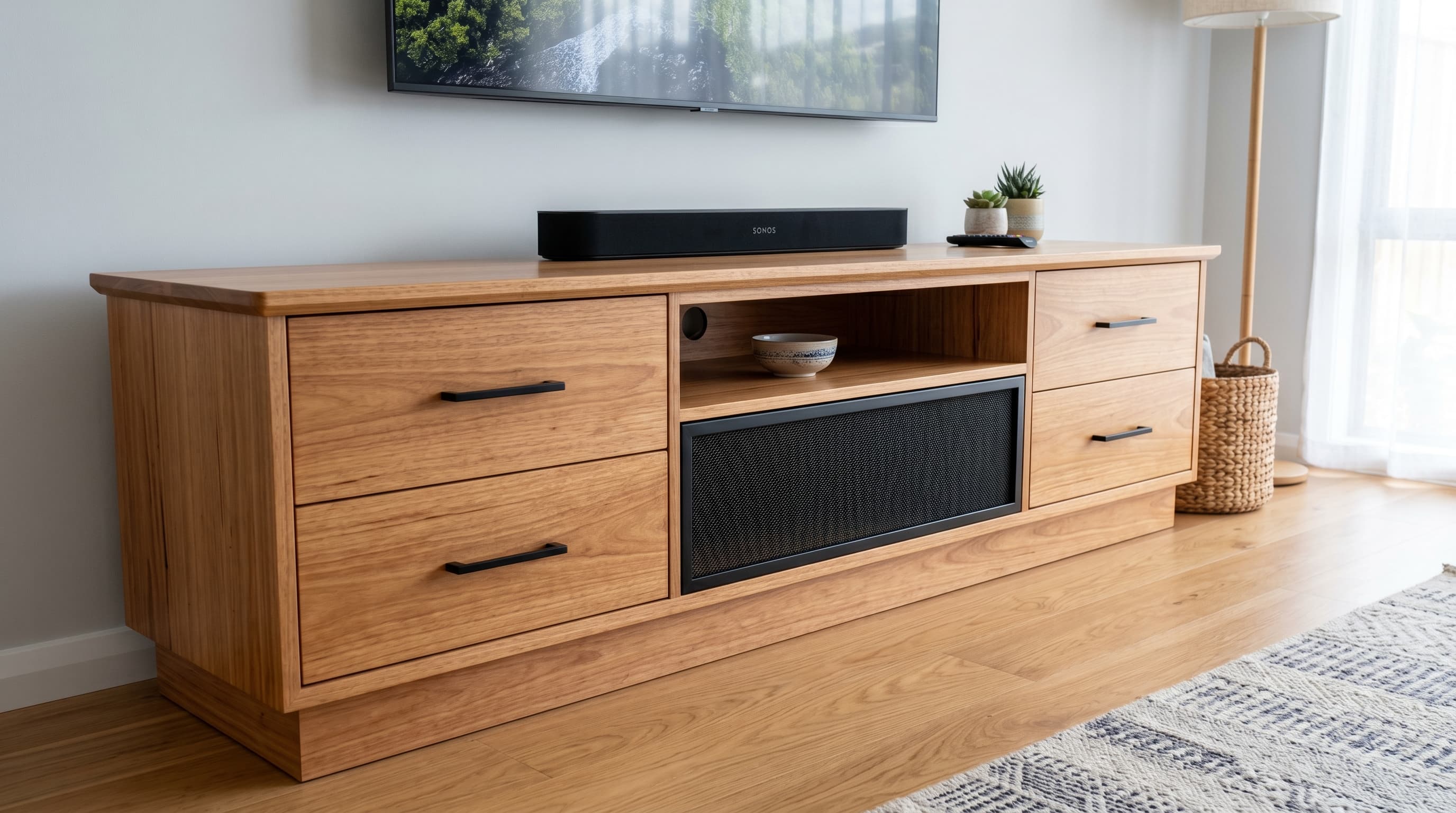 A long, low wooden cabinet featuring multiple storage options. It includes four drawers with black bar handles, an open central shelf, and two central cabinet doors with a black mesh-like front, all resting on a recessed plinth base. — 3D model