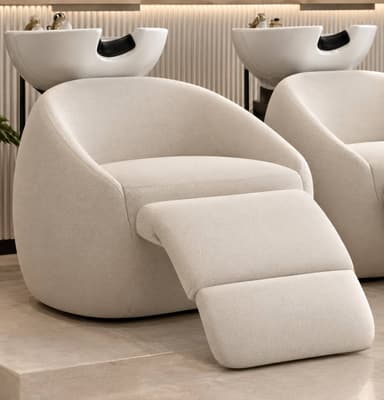 A contemporary, upholstered recliner chair featuring a light-colored, textured fabric and rounded, sculptural forms, with an integrated extending footrest. — 3D model