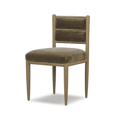A modern dining chair with a wooden frame and upholstered seat and backrest. The chair features a straight back with two horizontal upholstered panels, supported by a wooden frame. The seat is also upholstered and sits within a wooden frame. The legs are tapered and made of wood. — 3D model