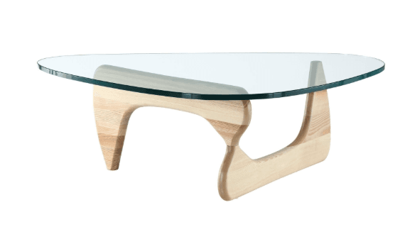 A coffee table featuring a clear, irregularly shaped glass top and a distinctive, sculptural wooden base composed of two interlocking, organic forms in a light wood tone. — 3D model