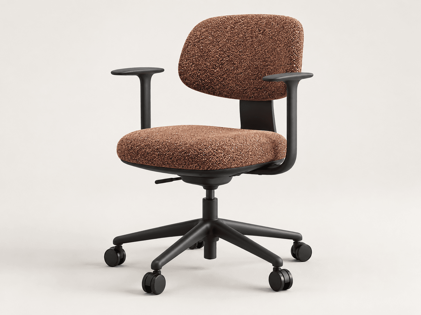 A modern office chair featuring a five-star caster base, fixed T-shaped armrests, and a sculpted seat and back upholstered in a rich, textured brown fabric. The chair's frame, base, and armrests are finished in matte black, contrasting with the warm brown upholstery. It includes a visible mechanism underneath the seat for adjustment. — 3D model
