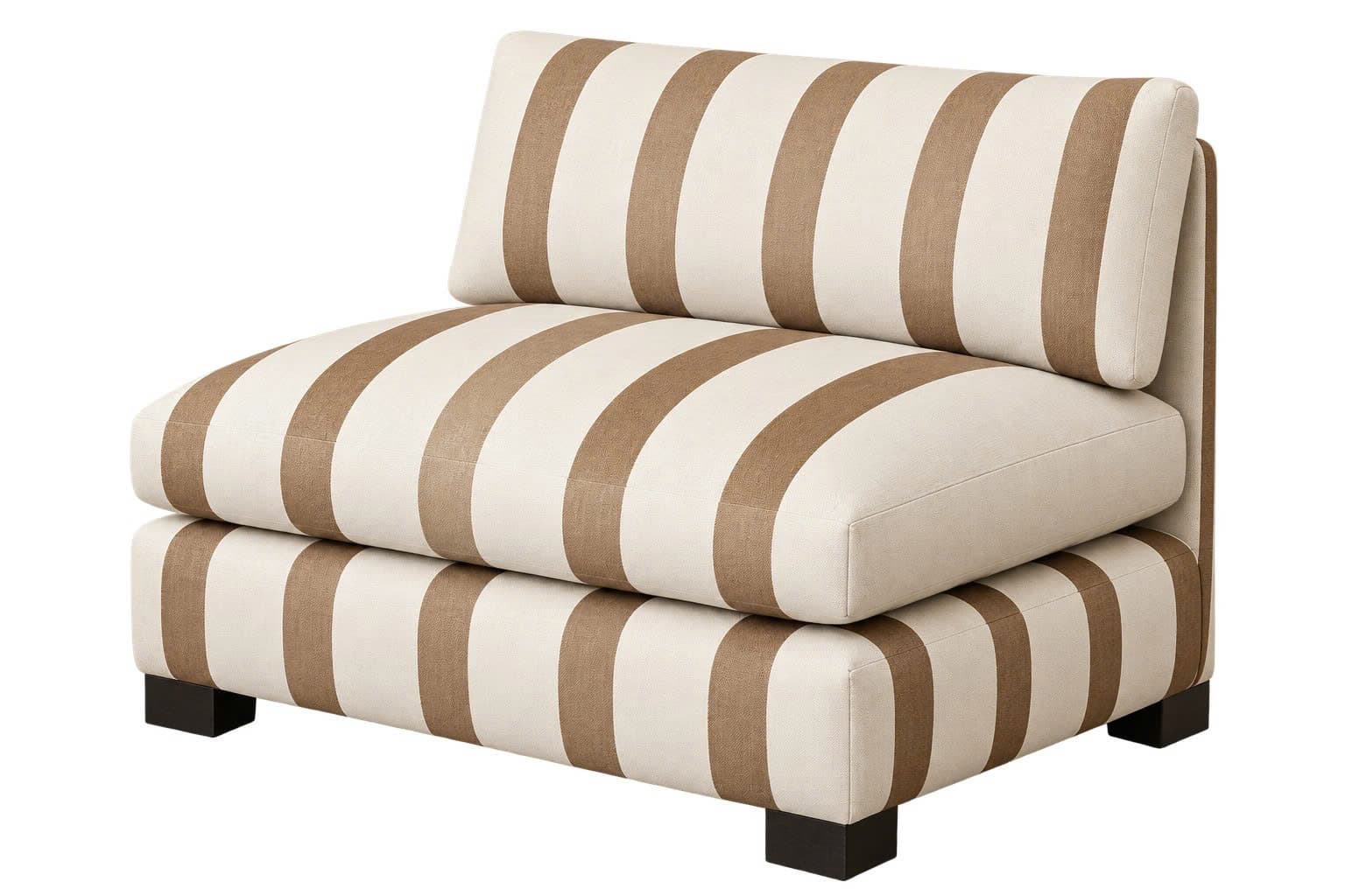 An armless upholstered chair featuring a bold, wide striped pattern in cream and light brown, designed with a plush, deep seat cushion and a separate back cushion. The chair sits low to the ground on small, dark-finished block feet, showcasing a modern, modular aesthetic. — 3D model