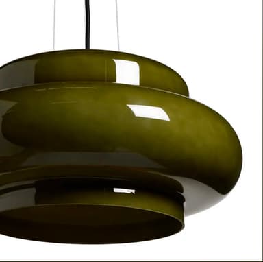 A striking dark green pendant lamp featuring a multi-tiered, rounded, and organic-shaped shade, suspended from a black ceiling canopy by a power cord and thin support wires. The glossy finish suggests a glass or high-quality plastic construction. — 3D model