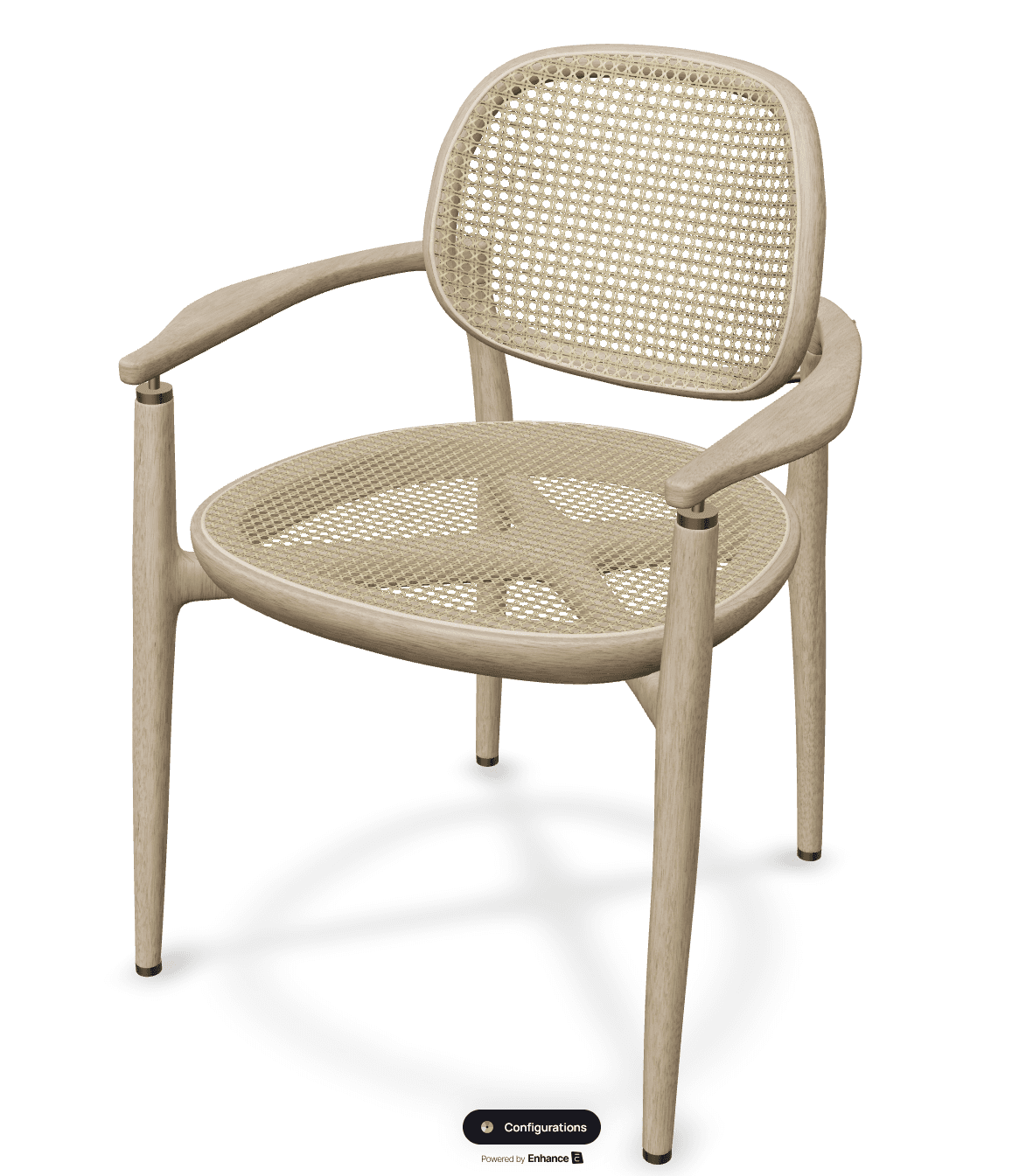 A modern armchair constructed from light-toned wood with natural cane webbing for both the seat and backrest. The chair features a smoothly rounded frame, integrated curved armrests, and tapered legs with subtle brass-toned caps. — 3D model
