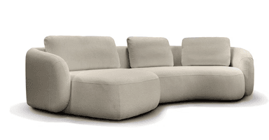 A modern curved sectional sofa upholstered in a light-colored bouclé fabric, featuring a modular design with two interconnected sections. The sofa has a low profile, rounded arms, and a continuous, flowing silhouette. — 3D model