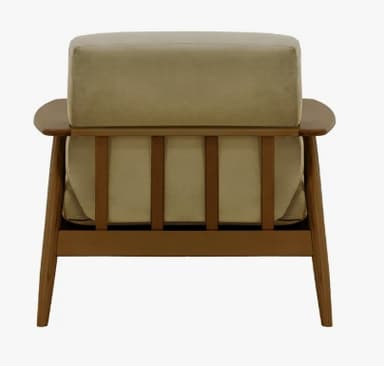 A mid-century modern armchair with a wooden frame and upholstered cushions. The chair features a low profile, tapered legs, and slightly curved armrests. The upholstery appears to be a soft, textured fabric in a neutral tone. — 3D model