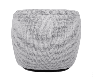 A light gray, barrel-shaped ottoman or pouf, fully upholstered in a textured fabric. The item features a subtly convex form that gently tapers towards a dark, recessed base. The fabric has a woven appearance with flecks of darker gray, providing visual depth. The top surface is softly rounded, suggesting a comfortable, padded fill. — 3D model