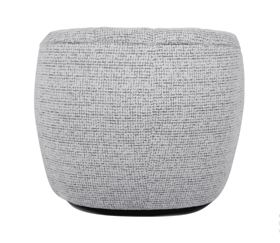 A light gray, barrel-shaped ottoman or pouf, fully upholstered in a textured fabric. The item features a subtly convex form that gently tapers towards a dark, recessed base. The fabric has a woven appearance with flecks of darker gray, providing visual depth. The top surface is softly rounded, suggesting a comfortable, padded fill. — 3D model