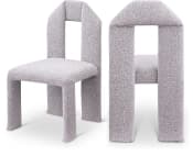A contemporary fully upholstered chair with an distinctive arch-shaped backrest, rendered in a light gray and white melange textured fabric. The chair features a continuous, seamless form with no visible legs, creating a monolithic and sculptural appearance. — 3D model