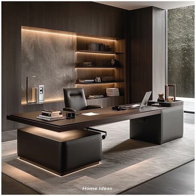 A modern executive office desk featuring a dark wood veneer finish, integrated storage with drawers, and an illuminated support structure. The desk has a multi-level, asymmetric design with a sleek black glass top on the storage unit. — 3D model