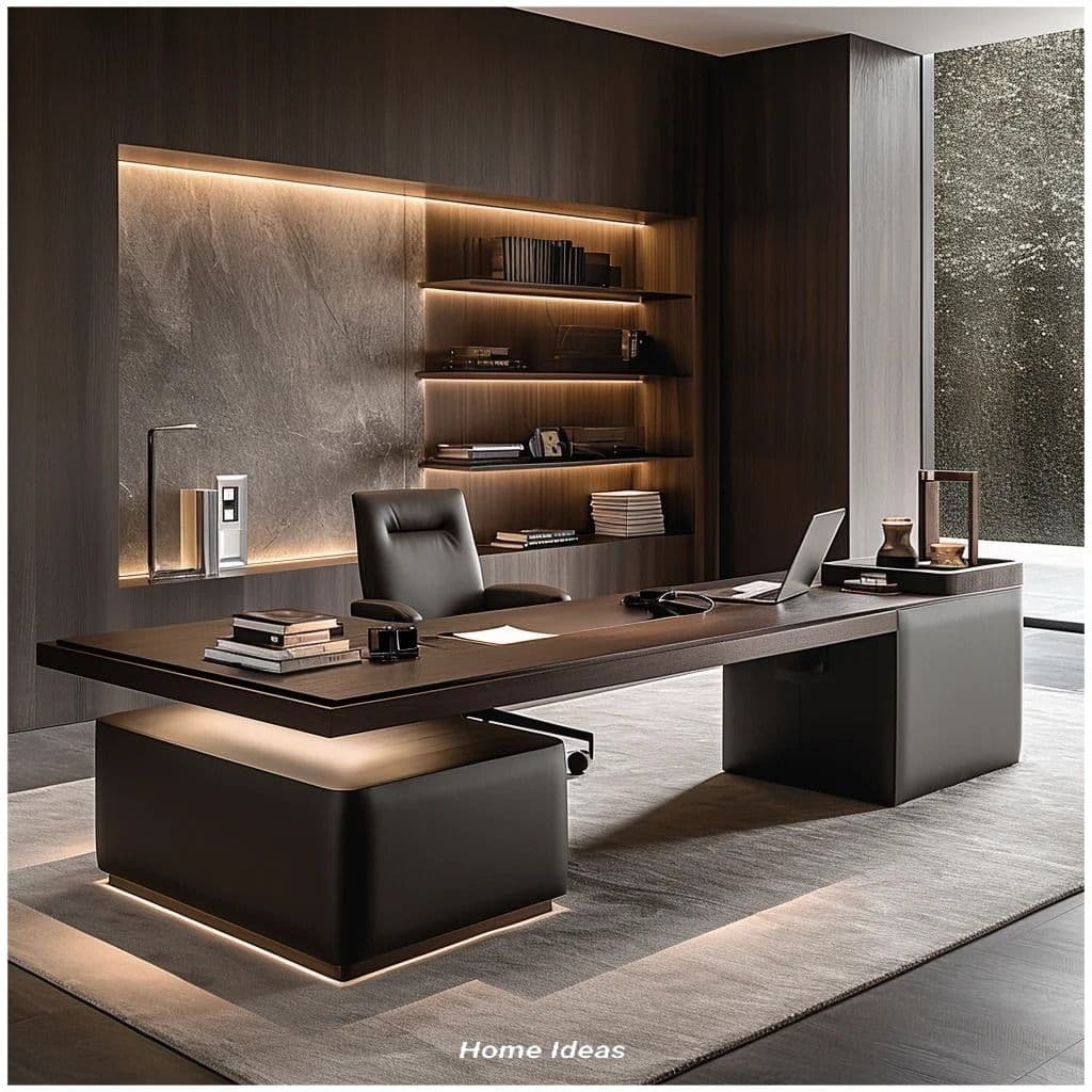 A modern executive office desk featuring a dark wood veneer finish, integrated storage with drawers, and an illuminated support structure. The desk has a multi-level, asymmetric design with a sleek black glass top on the storage unit. — 3D model