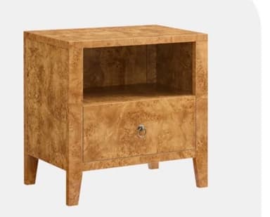 A square-shaped nightstand crafted from burl wood veneer, featuring a prominent wood grain pattern. The unit includes an open storage cubby above a single pull-out drawer, which is fitted with a circular metal ring pull. It stands on four short, integrated, subtly tapered block legs. — 3D model